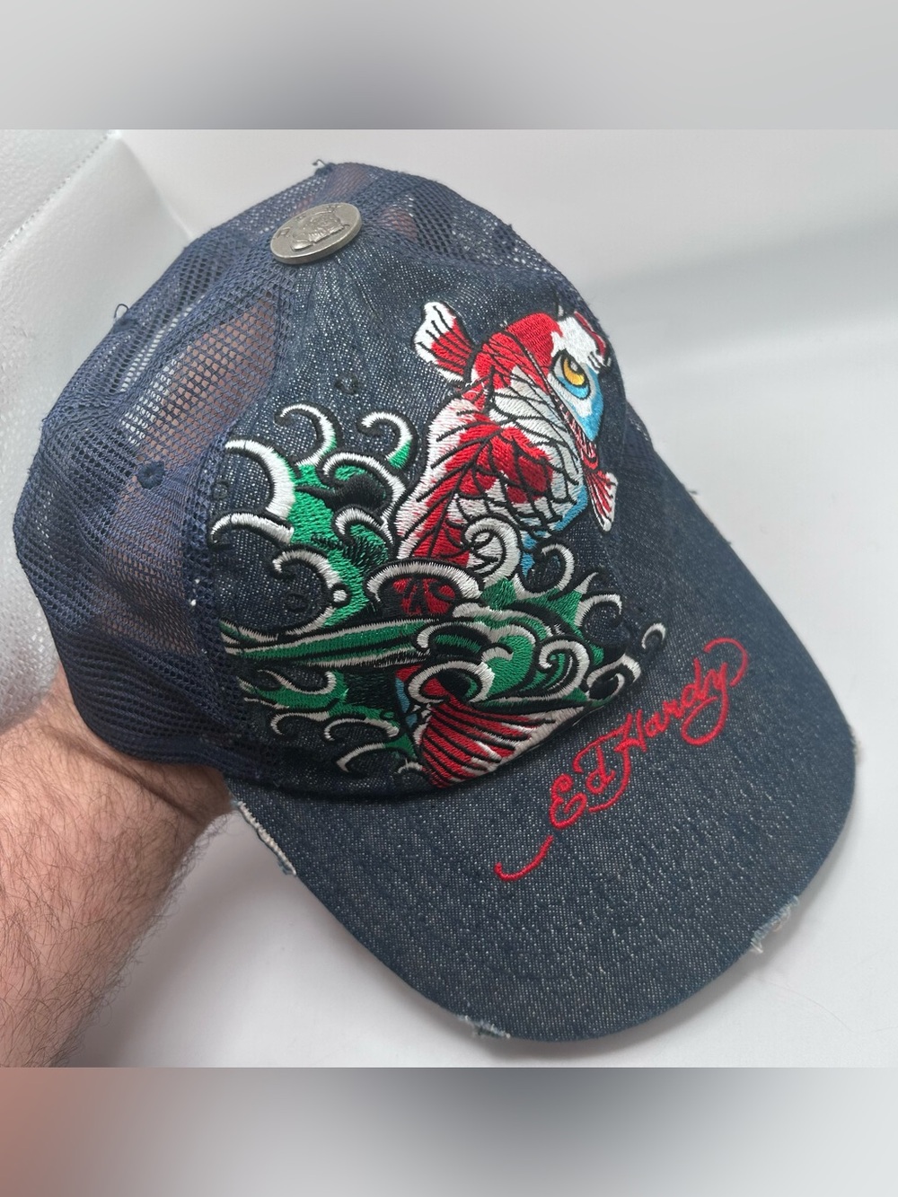 Rare Vintage Ed Hardy Koi Fish Trucker Hat Cap Adjustable Slate Blue Distressed